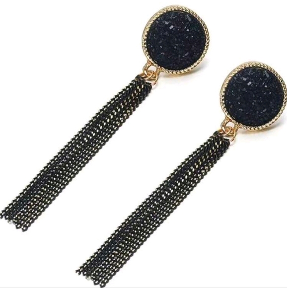 Stunning Black Rhinestone & Long Chain Tassel Dangle Drop Earrings New! - Picture 10 of 10